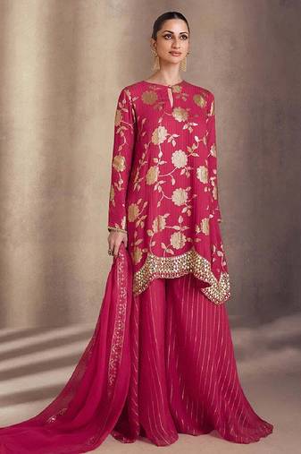 Pink sequence embroidery silk sharara suit with dupatta