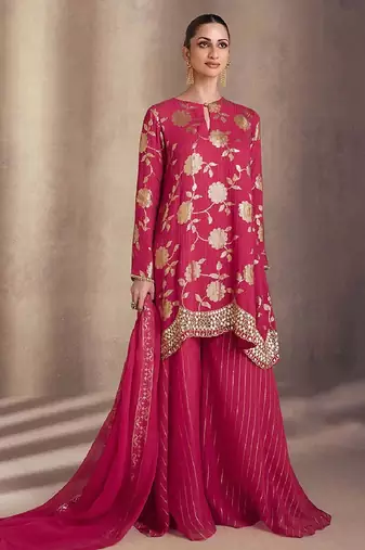 Pink sequence embroidery silk sharara suit with dupatta
