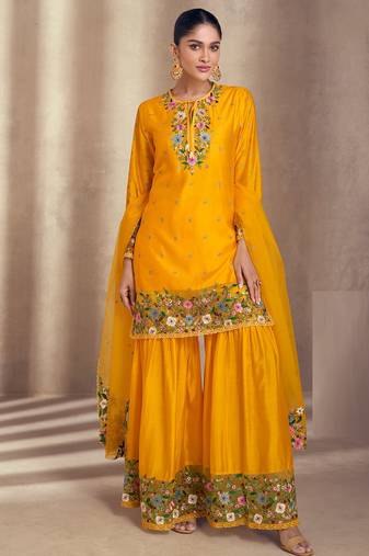 Yellow thread floral embroidery gharara suit with dupatta