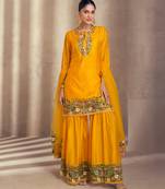 Yellow thread floral embroidery gharara suit with dupatta