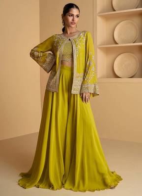 Lime green sequence embroidered jacket style palazzo suit 1
