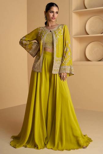 Lime green sequence embroidered jacket style palazzo suit