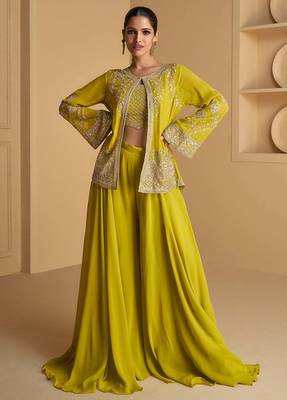Lime green sequence embroidered jacket style palazzo suit 2