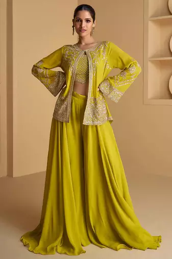 Lime green sequence embroidered jacket style palazzo suit
