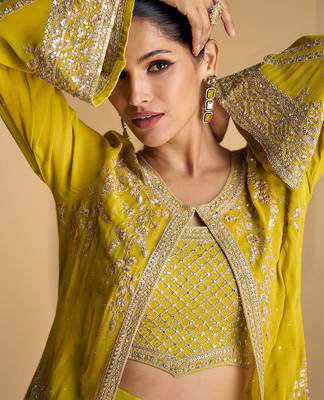 Lime green sequence embroidered jacket style palazzo suit 3
