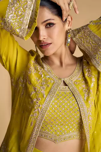 Lime green sequence embroidered jacket style palazzo suit