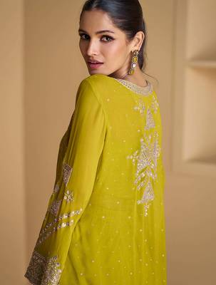 Lime green sequence embroidered jacket style palazzo suit 4