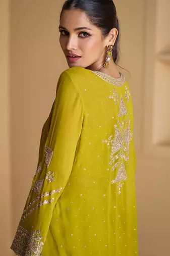 Lime green sequence embroidered jacket style palazzo suit