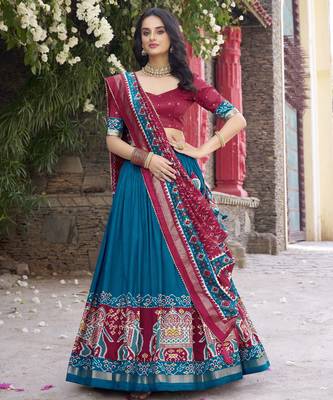 teal tussar Silk Lehenga Choli with Patola Print & Foil Shine 1
