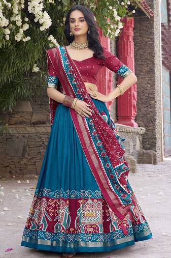 teal tussar Silk Lehenga Choli with Patola Print & Foil Shine