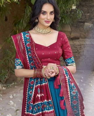 teal tussar Silk Lehenga Choli with Patola Print & Foil Shine 3