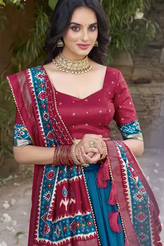 teal tussar Silk Lehenga Choli with Patola Print & Foil Shine