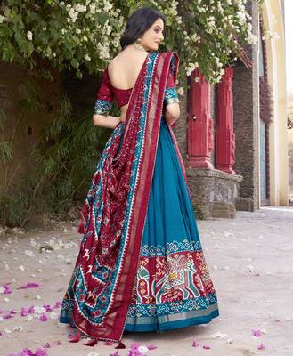 teal tussar Silk Lehenga Choli with Patola Print & Foil Shine 4