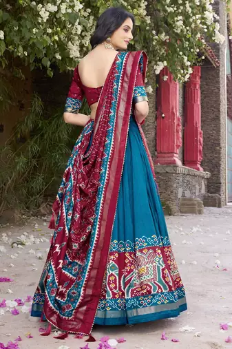 teal tussar Silk Lehenga Choli with Patola Print & Foil Shine