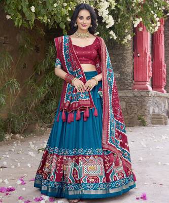 teal tussar Silk Lehenga Choli with Patola Print & Foil Shine 5