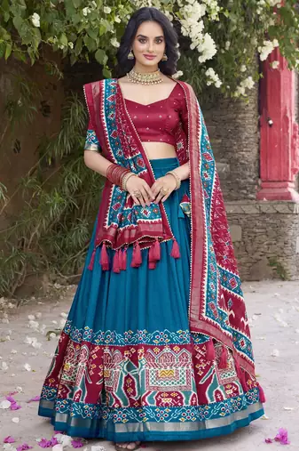 teal tussar Silk Lehenga Choli with Patola Print & Foil Shine