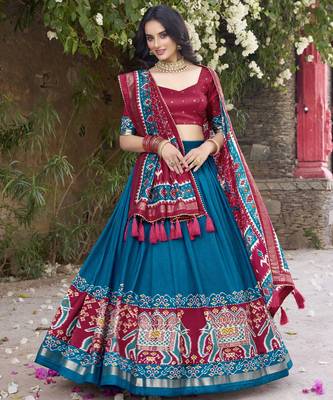 teal tussar Silk Lehenga Choli with Patola Print & Foil Shine 6