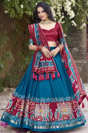 teal tussar Silk Lehenga Choli with Patola Print & Foil Shine