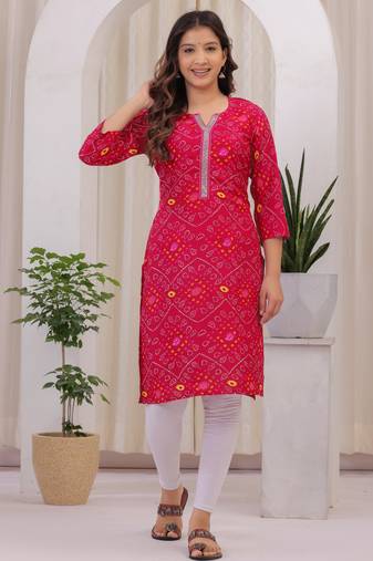 Women's Rayon Bandhej Bandhani Jaipuri Printed Ethnic A Line Kurti | Jaipuri Bandhej Printed A Line Kurti For Womens