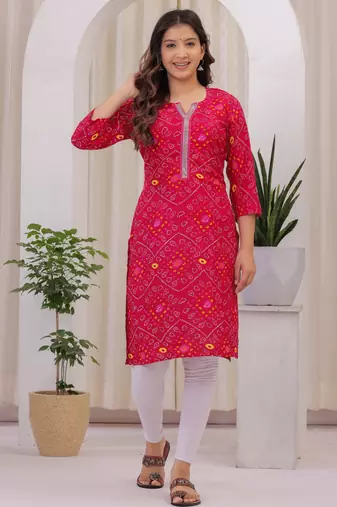 Women's Rayon Bandhej Bandhani Jaipuri Printed Ethnic A Line Kurti | Jaipuri Bandhej Printed A Line Kurti For Womens