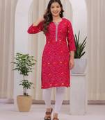 Women's Rayon Bandhej Bandhani Jaipuri Printed Ethnic A Line Kurti | Jaipuri Bandhej Printed A Line Kurti For Womens
