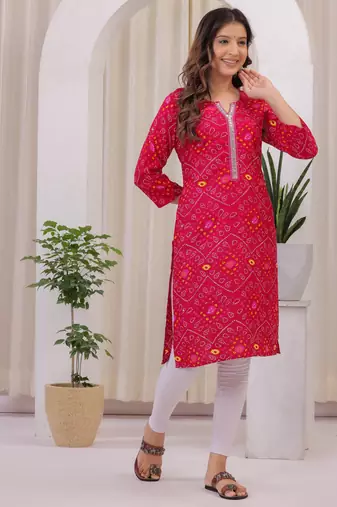Women's Rayon Bandhej Bandhani Jaipuri Printed Ethnic A Line Kurti | Jaipuri Bandhej Printed A Line Kurti For Womens