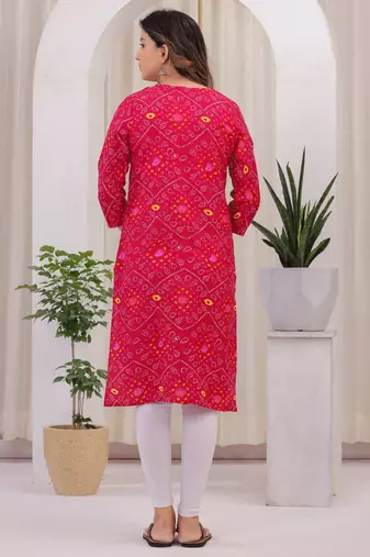 Women's Rayon Bandhej Bandhani Jaipuri Printed Ethnic A Line Kurti | Jaipuri Bandhej Printed A Line Kurti For Womens
