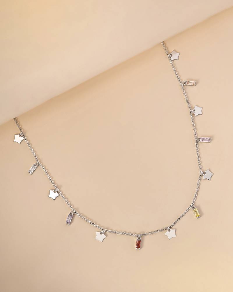 Tiny star cz silver pendant necklace with celestial dance and dainty design