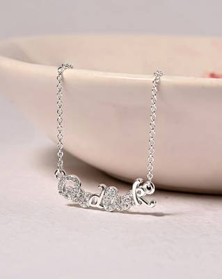 Engraved silver pendant necklace with 'good luck' inscription and sleek design 1