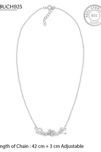Engraved silver pendant necklace with 'good luck' inscription and sleek design