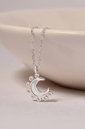 Half-moon cz silver pendant necklace with spike design and modern elegance