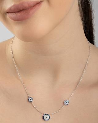 Floral blue stone silver necklace with circular flowers and statement detail 3