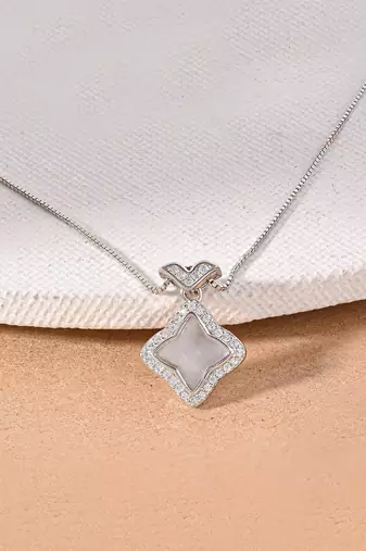 Petal-shaped cz silver necklace with four-leaf design and delicate sparkle