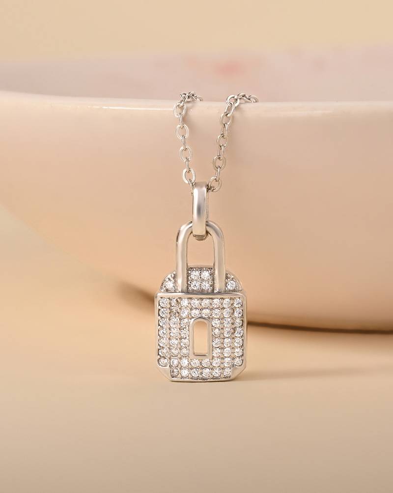Lock design silver pendant necklace with sleek finish and daily wear appeal