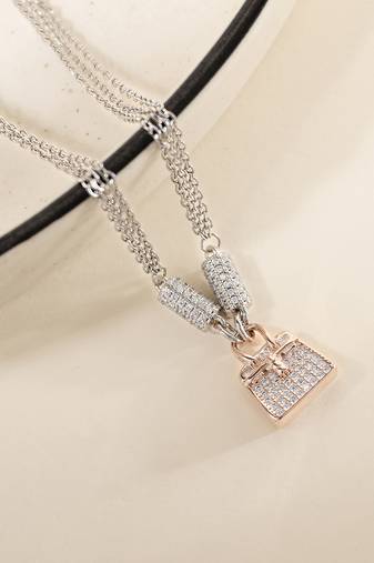 Lock pendant dual chain silver necklace with chic style and modern edge