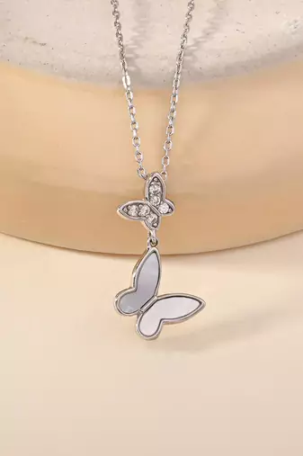 Butterfly double charm silver necklace with symbol of transformation and grace