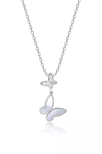 Butterfly double charm silver necklace with symbol of transformation and grace