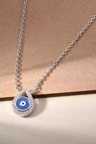 Evil eye drop cz silver pendant necklace with protective charm and trendy look