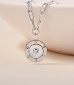 Hexagon cz cluster silver necklace with circular design and radiant center stone