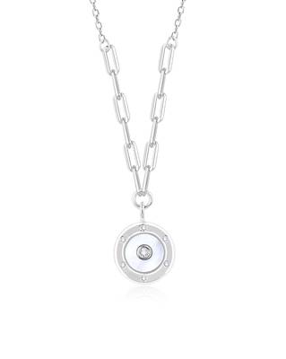 Hexagon cz cluster silver necklace with circular design and radiant center stone 2