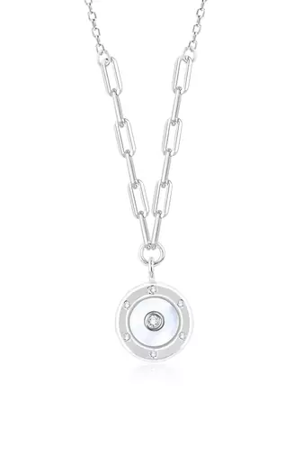 Hexagon cz cluster silver necklace with circular design and radiant center stone