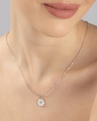 Hexagon cz cluster silver necklace with circular design and radiant center stone 3