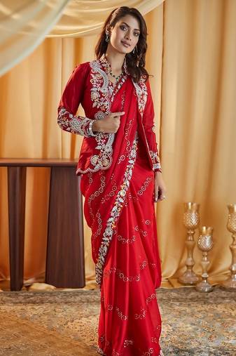 Cherry ethnic motifs kutchi embroidery silk blend saree