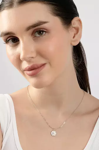Hexagon cz cluster silver necklace with circular design and radiant center stone