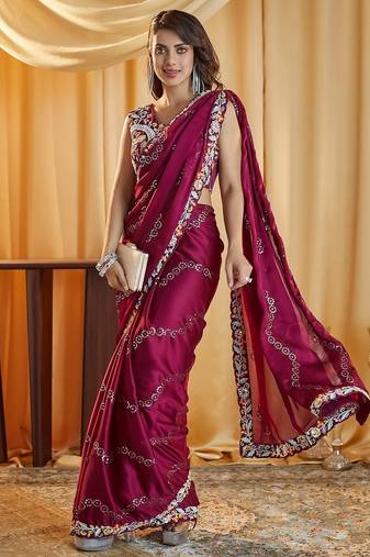 Wine embellished sequinned silk blend saree