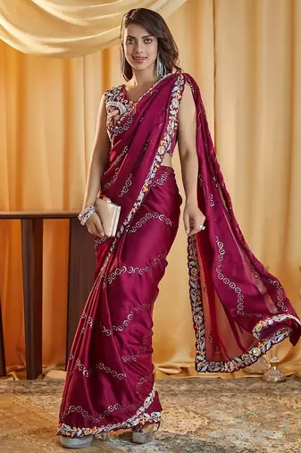 Wine embellished sequinned silk blend saree