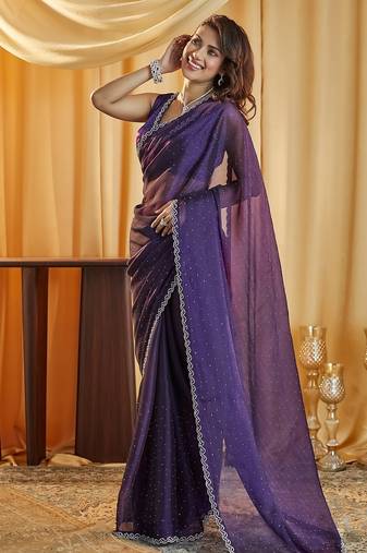 Magenta beads and stones embellished saree