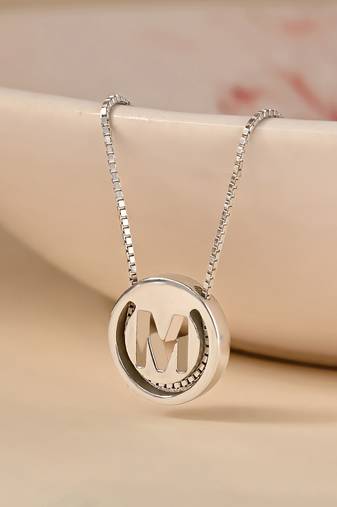 Initial 'm' round pendant silver necklace with cube chain and bold charm