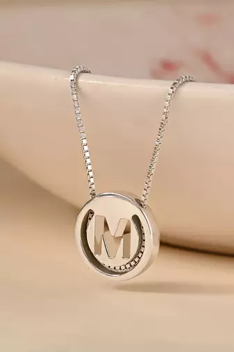 Initial 'm' round pendant silver necklace with cube chain and bold charm