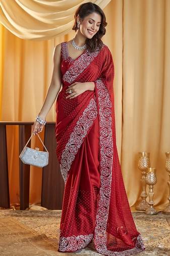 Marroon beads and stones embellished saree